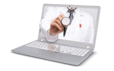 Photo telemedicine concept, doctor with a stethoscope on the computer laptop screen