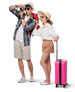 Man and woman dressed to travel, wear glasses, and take pictures
