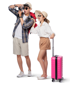 Man and woman dressed to travel, wear glasses, and take pictures